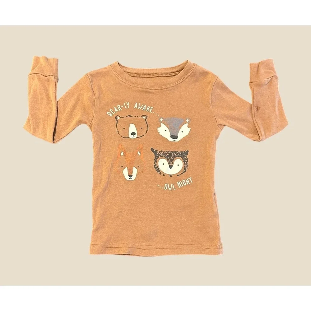 Carters 2T Brown Woodland Animal Bear Fox Owl Long Sleeve Pajama Top 1532